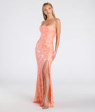 The Celina Sequin Lace-Up High Slit Mermaid Dress in luxe orange fabric, a stunning prom dress with statement details designed to make a bold impression at Prom 2025.