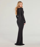 The Kori Long Sleeve Plunge Cowl Neck Formal Dress is a show-stopping black prom dress, offering a sleek, slimming silhouette that enhances your natural beauty for an unforgettable night.