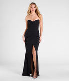 The Maude Strapless High Slit Mermaid Dress in luxe black fabric, a stunning prom dress with statement details designed to make a bold impression at Prom 2025.