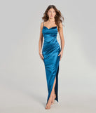 Step into Prom 2025 in a teal prom dress, where unique Windsor accents and the standout Jane Cowl Neck Slit Satin Formal Dress style come together.