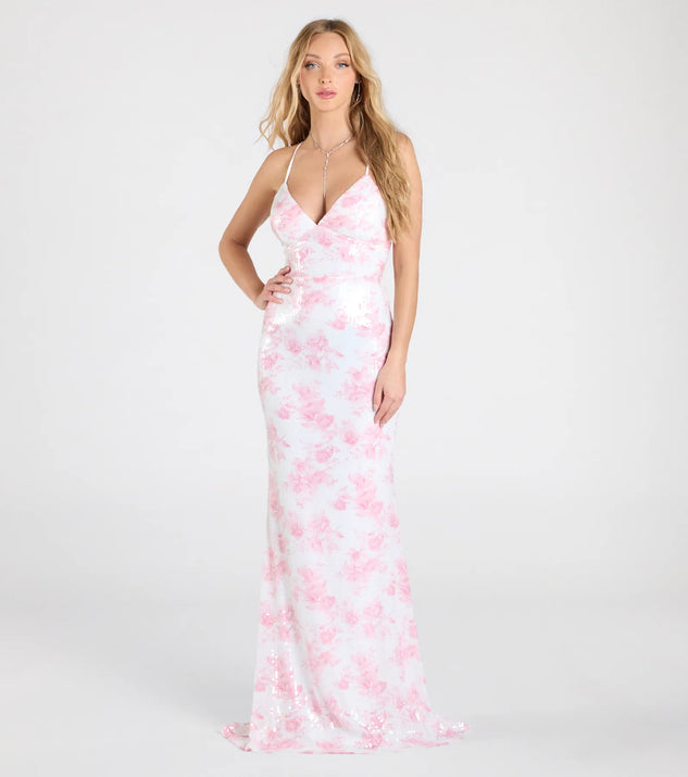 Make a bold statement in the Farryn Lace-Up Mermaid Floral Sequin Formal Dress in pink, the perfect spring dress for weddings, cocktail hours, nights out, and/or seasonal celebrations.