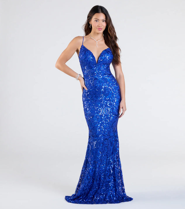 The Mayva V-Neck Mermaid Sequin Formal Dress in luxe royal blue fabric, a stunning prom dress with statement details designed to make a bold impression at Prom 2025.