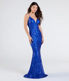 The Mayva V-Neck Mermaid Sequin Formal Dress in luxe royal blue fabric, a stunning prom dress with statement details designed to make a bold impression at Prom 2025.