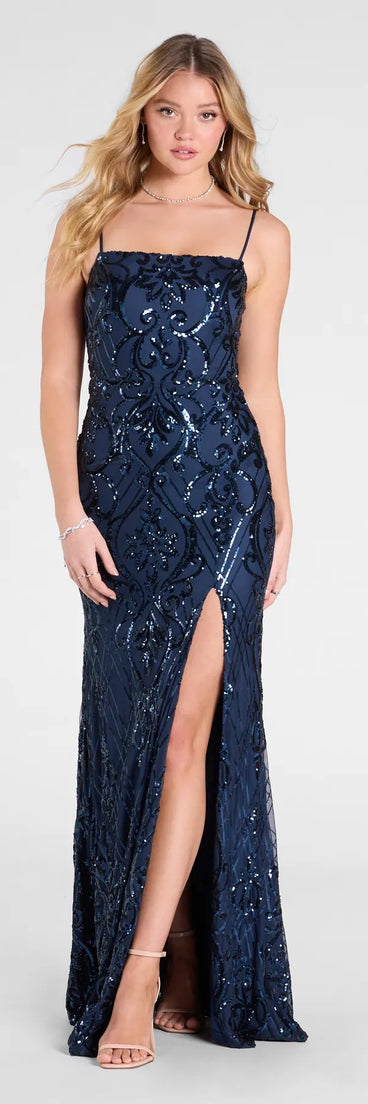 Feel instantly put-together in the Jillian Sequin Slit Long Formal Dress in teal, a fall wedding guest dress designed for confident style and all-out celebration.