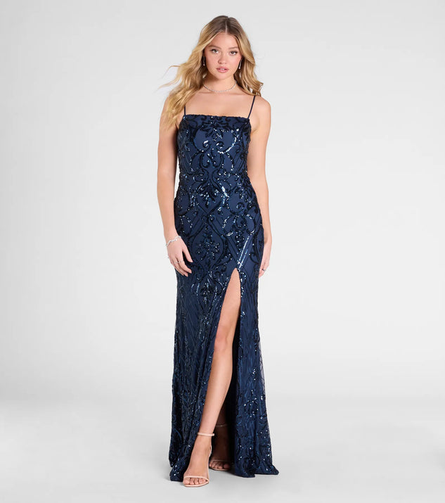 The Jillian Formal Sequin Slit Bodycon Long Dress in luxe teal fabric, a stunning prom dress with statement details designed to make a bold impression at Prom 2025.