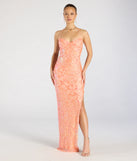 The Zadie Lace-Up High Slit Sequin Formal Dress in luxe orange fabric, a stunning prom dress with statement details designed to make a bold impression at Prom 2025.