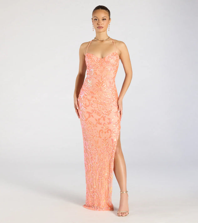 The Zadie Lace-Up High Slit Sequin Formal Dress in luxe orange fabric, a stunning prom dress with statement details designed to make a bold impression at Prom 2025.