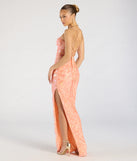 Flaunt your silhouette in the tight Zadie Lace-Up High Slit Sequin Formal Dress in orange, a bodycon dress that empowers your look with bold style and effortless edge.