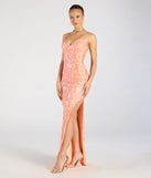 The Zadie Lace-Up High Slit Sequin Formal Dress in luxe orange fabric, a stunning prom dress with statement details designed to make a bold impression at Prom 2025.