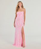 The Tabitha Sleeveless Slim Sequin Formal Dress in luxe pink fabric, a stunning prom dress with statement details designed to make a bold impression at Prom 2025.