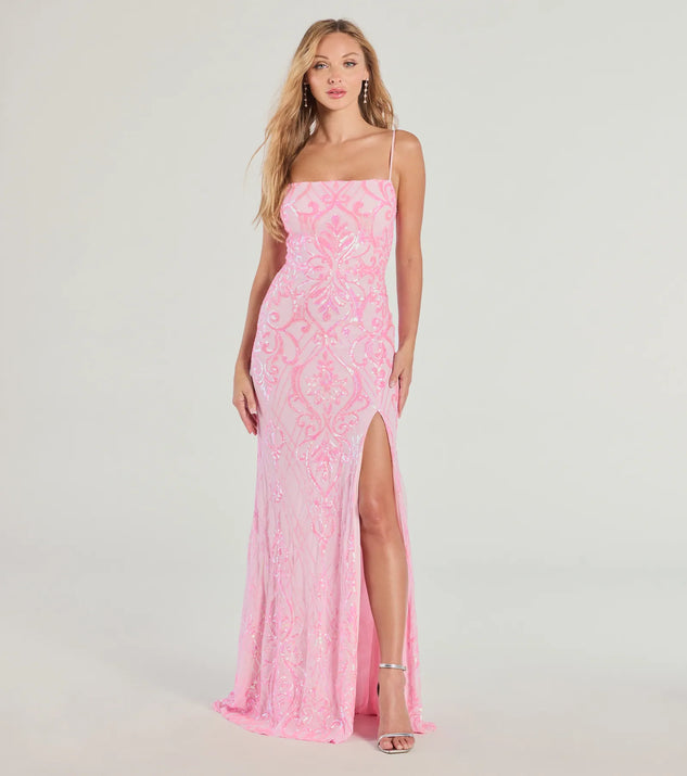 The Tabitha Sleeveless Slim Sequin Formal Dress in luxe pink fabric, a stunning prom dress with statement details designed to make a bold impression at Prom 2025.