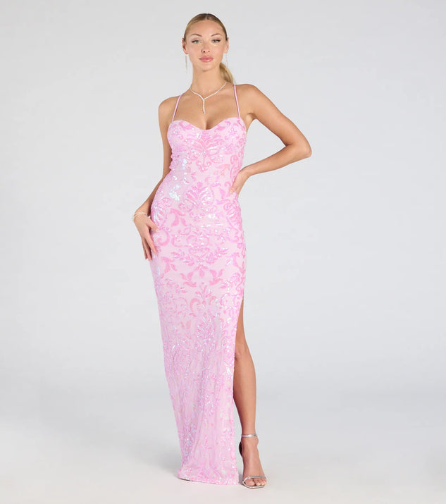 The Zadie Lace-Up High Slit Sequin Formal Dress in luxe lavender fabric, a stunning prom dress with statement details designed to make a bold impression at Prom 2025.