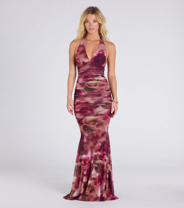 The Kelsey Halter Printed Mermaid Formal Dress in luxe plum fabric, a stunning prom dress with statement details designed to make a bold impression at Prom 2025.