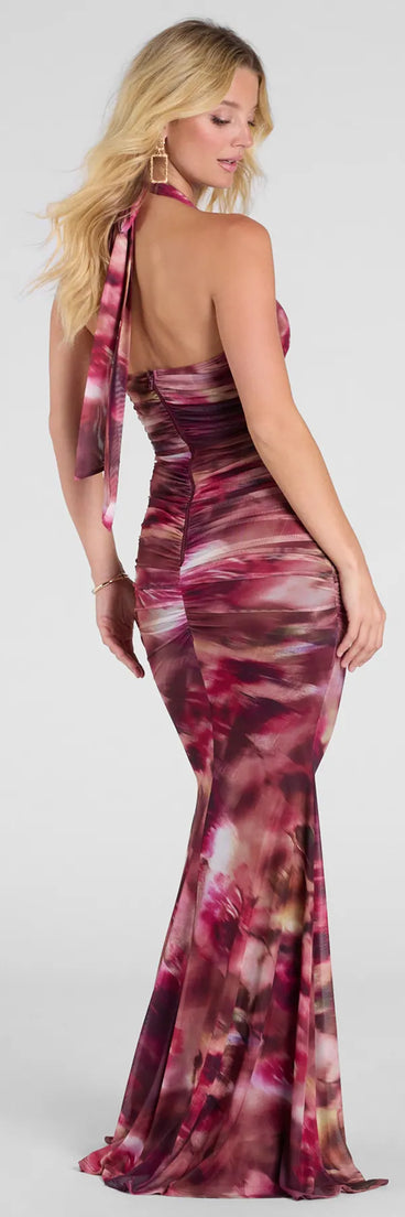 The Kelsey Halter Printed Mermaid Formal Dress in luxe plum fabric, a stunning prom dress with statement details designed to make a bold impression at Prom 2025.