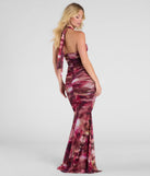 The Kelsey Halter Printed Mermaid Formal Dress in luxe plum fabric, a stunning prom dress with statement details designed to make a bold impression at Prom 2025.