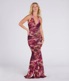 The Kelsey Halter Printed Mermaid Formal Dress in luxe plum fabric, a stunning prom dress with statement details designed to make a bold impression at Prom 2025.