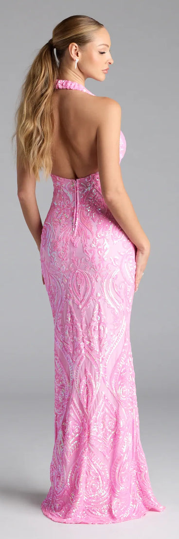 Flaunt your silhouette in the tight Larrea Halter Bodycon Slit Sequin Formal Dress in pink, a bodycon dress that empowers your look with bold style and effortless edge.