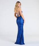 Step into the Prom 2025 dance in the Lottie Sequin Lace-Up Mermaid Dress in royal, a stunning blue prom dress designed to complement any theme with its timeless allure and statement-making style.