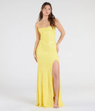 Celebrate in style with the Gabrielle Formal Sequin Long Dress, a yellow formal wedding guest dress featuring an elegant silhouette and luxe details, perfect for a black-tie celebration.