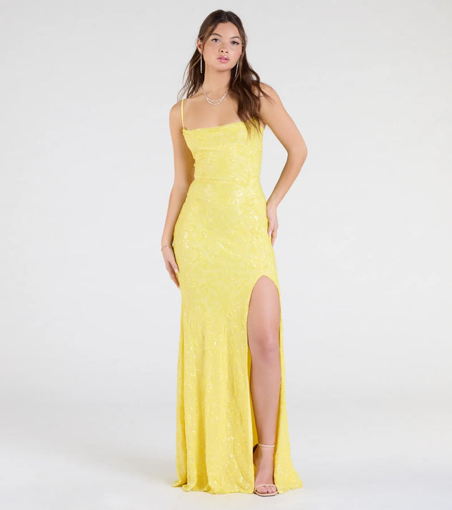 Celebrate in style with the Gabrielle Formal Sequin Long Dress, a yellow formal wedding guest dress featuring an elegant silhouette and luxe details, perfect for a black-tie celebration.