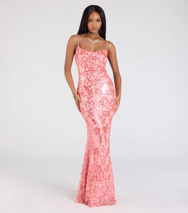 The Khloe Strappy Back Mermaid Sequin Formal Dress in luxe coral fabric, a stunning prom dress with statement details designed to make a bold impression at Prom 2025.