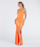 Own the spotlight in the Ashleigh Lace-Up Corset Sequin Formal Dress, a neon orange formal dress crafted to deliver luxe style for summer weddings, Army Balls, or any special event.