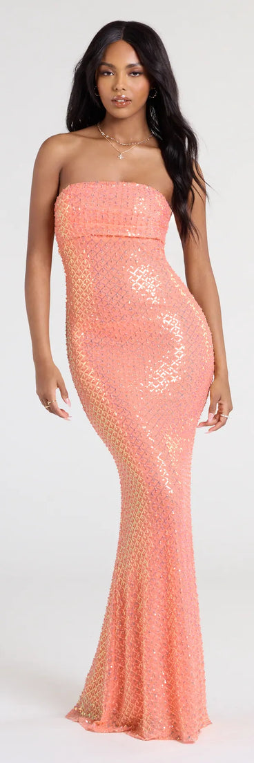 Own the spotlight in the Adrianna Strapless Mermaid Sequin Bead Formal Dress, a orange formal dress crafted to deliver luxe style for summer weddings, Army Balls, or any special event.