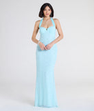 Turn heads at Prom 2025 in this light blue prom dress, where statement-making details meet the iconic style of the Calla Halter Mermaid Pearl Beaded Formal Dress.