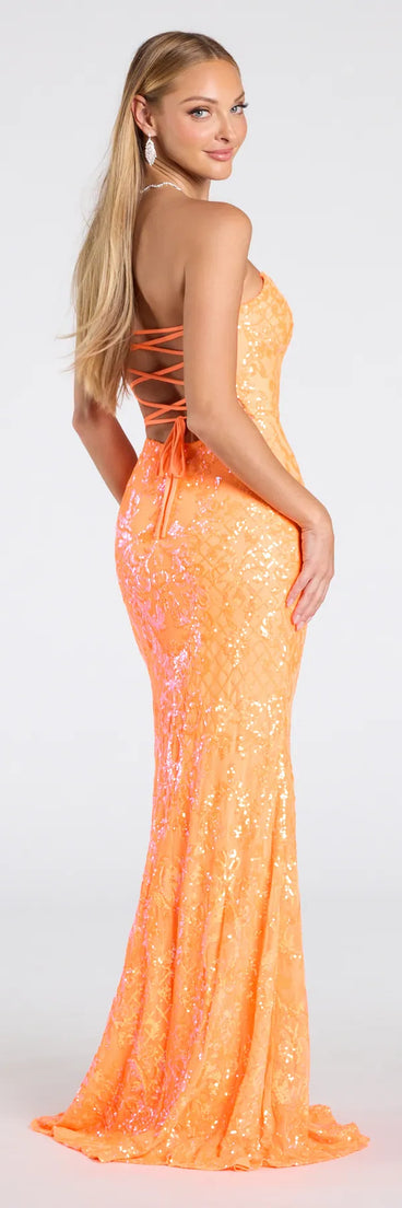 The Chandler Strapless Lace-Up Sequin Formal Dress in luxe neon fabric, a stunning prom dress with statement details designed to make a bold impression at Prom 2025.
