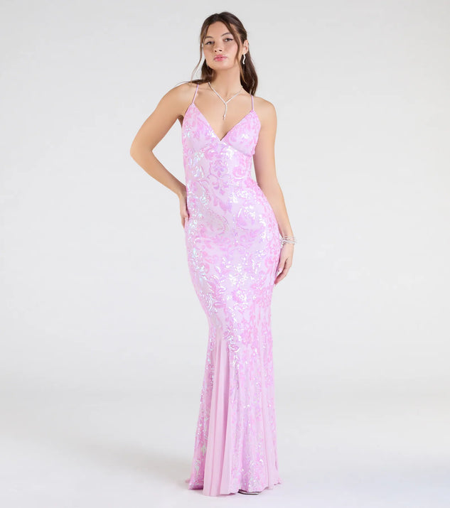 Make a bold statement in the Luna Strappy Back Mermaid Sequin Formal Dress in lavender, the perfect spring dress for weddings, cocktail hours, nights out, and/or seasonal celebrations.