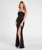 The Barbara Strapless Slit Mermaid Sequin Formal Dress in luxe black fabric, a stunning prom dress with statement details designed to make a bold impression at Prom 2025.