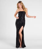 The Barbara Strapless Slit Mermaid Sequin Formal Dress in luxe black fabric, a stunning prom dress with statement details designed to make a bold impression at Prom 2025.