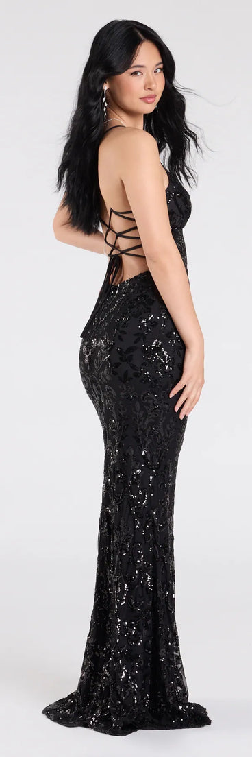 Flaunt your silhouette in the tight Gisela Lace-Up Bodycon Sequin Formal Dress in black, a bodycon dress that empowers your look with bold style and effortless edge.