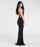 Flaunt your silhouette in the tight Gisela Lace-Up Bodycon Sequin Formal Dress in black, a bodycon dress that empowers your look with bold style and effortless edge.