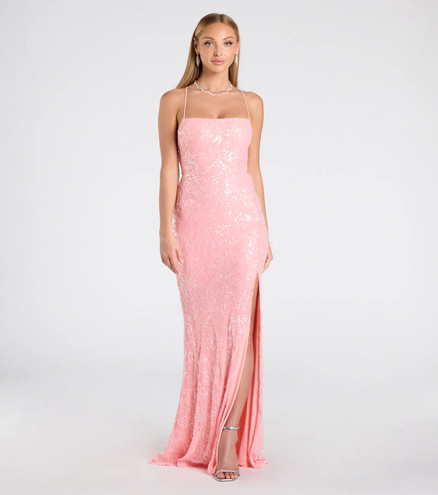 The Mariah Lace-Up Slit Sequin Formal Dress in luxe coral fabric, a stunning prom dress with statement details designed to make a bold impression at Prom 2025.