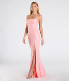 The Mariah Lace-Up Slit Sequin Formal Dress in luxe coral fabric, a stunning prom dress with statement details designed to make a bold impression at Prom 2025.