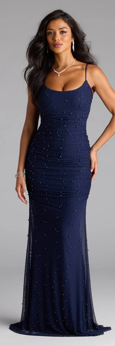 The Camilla Mermaid Rhinestone Pearl Formal Dress is your new go-to navy blue dress—effortless, versatile, and made to update your fall style in seconds.