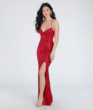 The Mckenna Lace-Up Slit Sequin Beaded Formal Dress in luxe red fabric, a stunning prom dress with statement details designed to make a bold impression at Prom 2025.