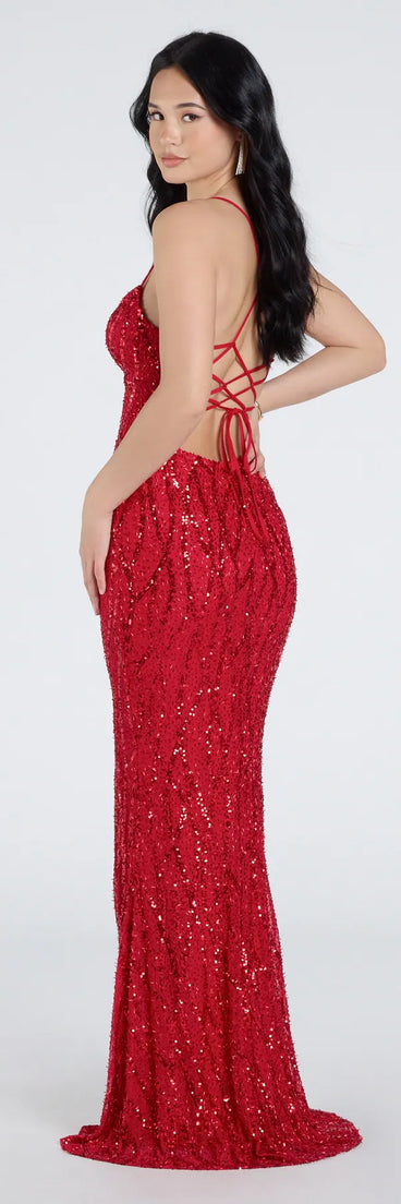 Own your moment in the Mckenna Lace-Up Slit Sequin Beaded Formal Dressin red, a standout 2025 Homecoming Dress that captures all the glam and energy of the night.