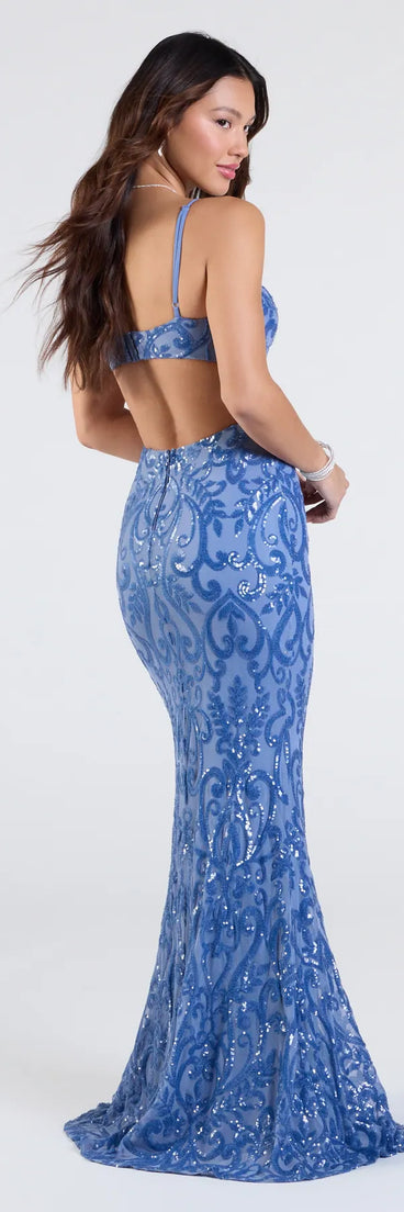Step into the Prom 2025 dance in the Jenny Cutout Open Back Mermaid Sequin Formal Dress in denim, a stunning blue prom dress designed to complement any theme with its timeless allure and statement-making style.