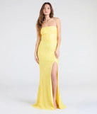 The Barbara Strapless Slit Mermaid Sequin Formal Dress in luxe yellow fabric, a stunning prom dress with statement details designed to make a bold impression at Prom 2025.