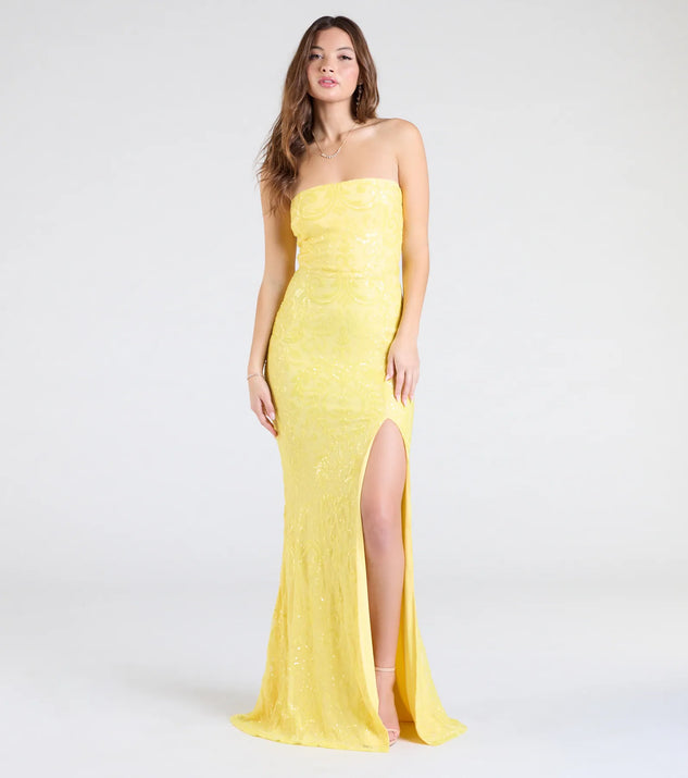 The Barbara Strapless Slit Mermaid Sequin Formal Dress in luxe yellow fabric, a stunning prom dress with statement details designed to make a bold impression at Prom 2025.