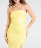 The Barbara Strapless Slit Mermaid Sequin Formal Dress in luxe yellow fabric, a stunning prom dress with statement details designed to make a bold impression at Prom 2025.
