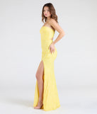 The Barbara Strapless Slit Mermaid Sequin Formal Dress in luxe yellow fabric, a stunning prom dress with statement details designed to make a bold impression at Prom 2025.