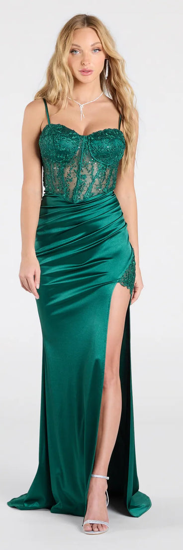 Feel instantly put-together in the Olga Corset Lace Satin Wrap Mermaid Formal Dress in hunter green, a stylish wedding guest dress designed for confident style and all-out celebration.