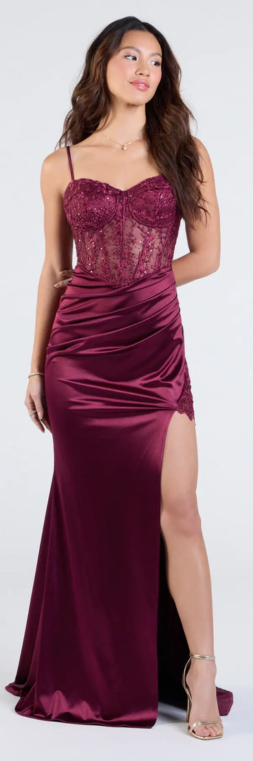 Feel instantly put-together in the Olga Corset Lace Satin Wrap Mermaid Formal Dress in wine, a stylish wedding guest dress designed for confident style and all-out celebration.