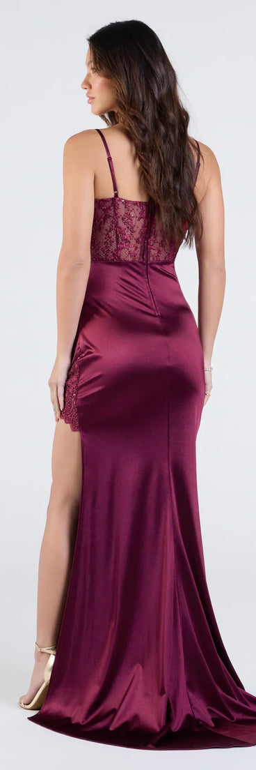 Make a statement in the Olga Corset Lace Satin Wrap Mermaid Formal Dress in wine, a bold red prom dress designed to exude confidence, elegance, and a striking prom-night look.