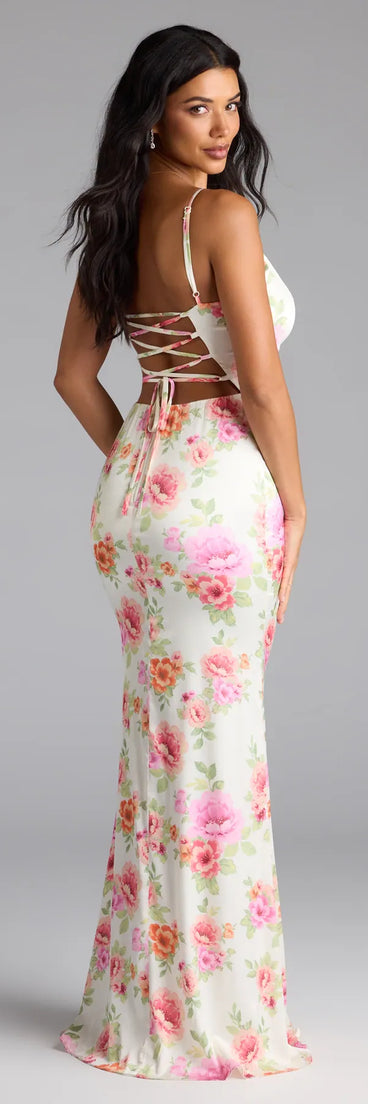 Own the spotlight in the Emely Lace-Up Mermaid Floral Satin Formal Dress, a pink formal dress crafted to deliver luxe style for autumn weddings, Military Balls, or any special event.