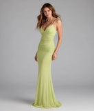 Step into summer looking effortlessly chic in the Kay Sleeveless V-Neck Mermaid Mesh Formal Dress in sage green, a must-have Windsor dress for your warm-weather wardrobe.