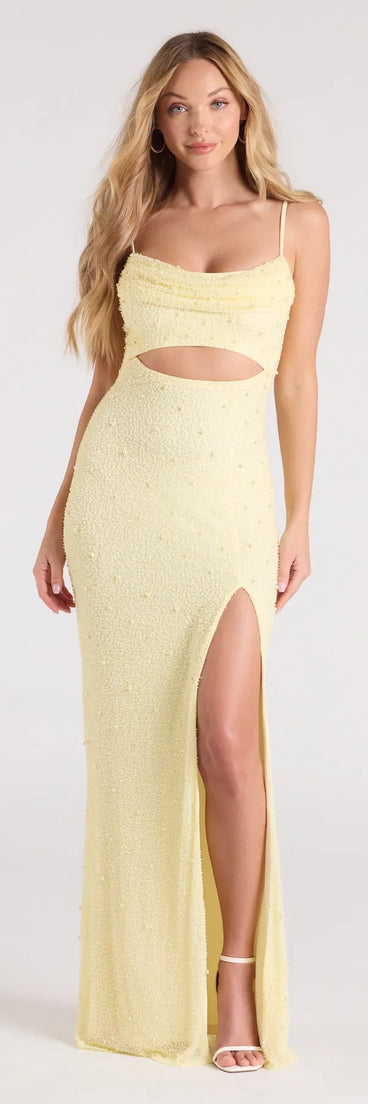 Feel instantly put-together in the Marine Cutout Slit Mermaid Beaded Formal Dress in yellow, a stylish wedding guest dress designed for confident style and all-out celebration.